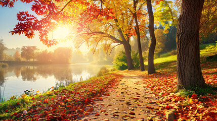 Naklejka premium A winding path through an autumnal forest, leading to a serene lake with vibrant fall colors and golden sunlight filtering through the trees. Generative Ai