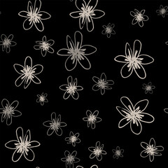 Seamless floral pattern with stylized daisy flowers. Hand drawn linear doodle sketches. Monochrome silhouettes on black background.