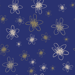 Seamless floral pattern with stylized daisy flowers. Hand drawn linear doodle sketches. On blue background.