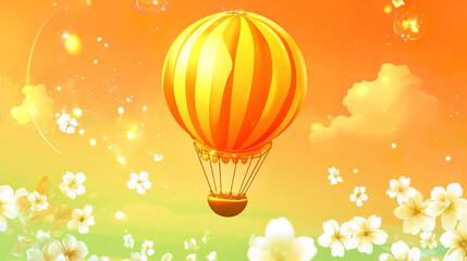 Whimsical Hot Air Balloon Floating Over a Flower Field at Sunrise