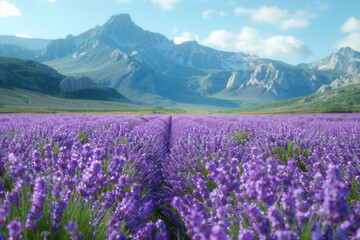 Obraz premium Beautiful lavender field landscape. Mountains in the background.