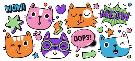 Cute happy smiling and winking cats characters in pop art comic book style and dialog speech bubbles