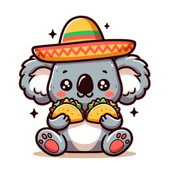 Cute Koala Eating Tacos With Sombrero Hat Cartoon Vector Icon Illustration