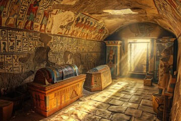 Cozy living room with wooden furniture and Egyptian-inspired artwork