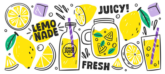 Hand drawn fresh juicy lemon lemonade in glass, jar or jug and fruits, sugar ingredients sketch set
