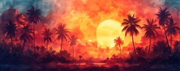 Abstract tropical paradise with palm trees in watercolor.