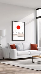 Contemporary Living Room with Minimalist Art, White Sofa, and Natural Light