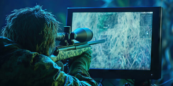 Digital Sniper: A hunter in camouflage gear, aiming a rifle scope at a computer screen displaying targets