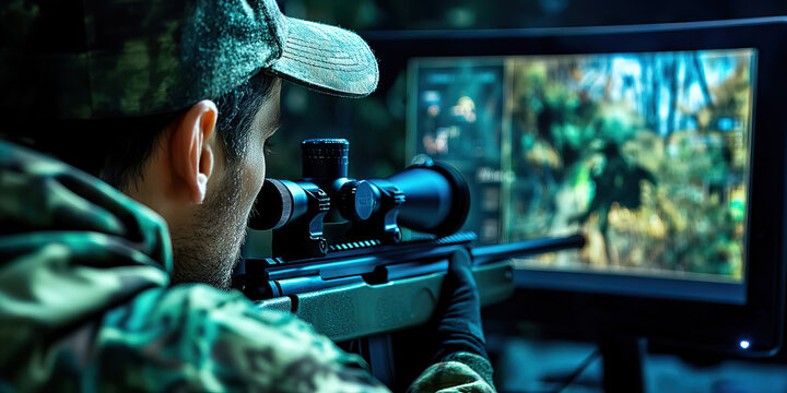 Digital Sniper: A hunter in camouflage gear, aiming a rifle scope at a computer screen displaying targets