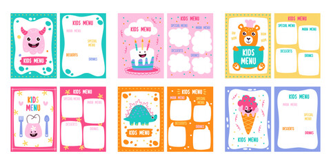 Kids menu restaurant or cafe cards and covers template set with cute design and funny decoration