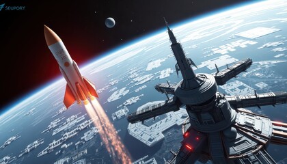 Obraz premium Futuristic Space Station with Rocket Launching.
