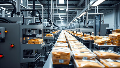 Naklejka premium Automated Packaging Line with Rows of Sealed Products