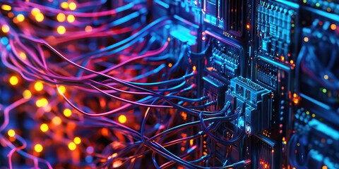 Obraz premium Cybernetic Symphony: Servers and cables forming an intricate network, ready to play their part
