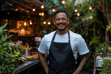 Smiling Asian man chef in an outdoor garden kitchen, surrounded by greenery, wearing a black apron
