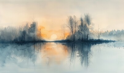 Watercolor abstract twilight reflections on white.