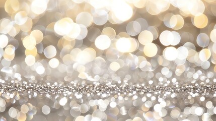 A blurred background of shimmering silver and white circles of light, creating a soft and elegant design.