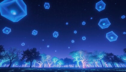 Fototapeta premium Glowing Cubes in a Night Forest.