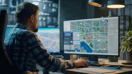 A man seated at a desk, analyzing geographic data on a computer with maps displayed on the screen. Maps are visible on the monitor