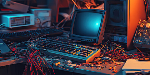 Cyber Chaos: Tangled cords, abandoned keyboards and monitors, strewn about an unkempt workspace