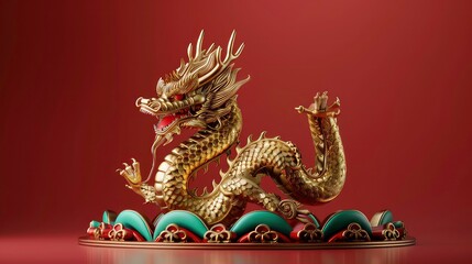 A golden dragon sculpture with intricate details, set against a brown background.