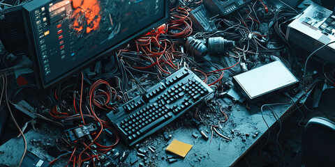 Cyber Chaos: Tangled cords, abandoned keyboards and monitors, strewn about an unkempt workspace