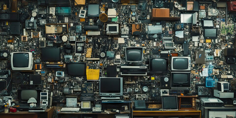 E-Waste Explosion: A wall of old electronics, including outdated computers, monitors and phones