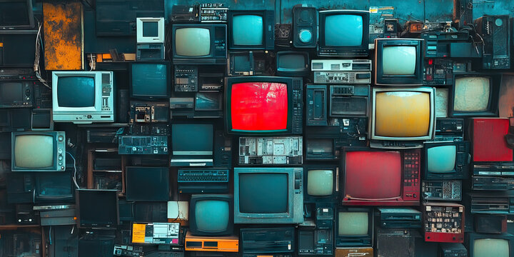 E-Waste Explosion: A wall of old electronics, including outdated computers, monitors and phones
