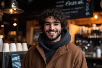 Fototapeta premium Smiling young Middle Eastern man in a winter coat, standing in a bustling urban café, warm lighting