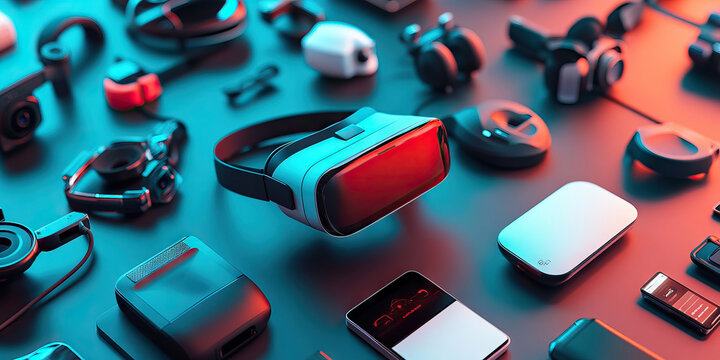Gadget Galaxy: An array of futuristic devices, including virtual reality headsets, drones and smart home devices