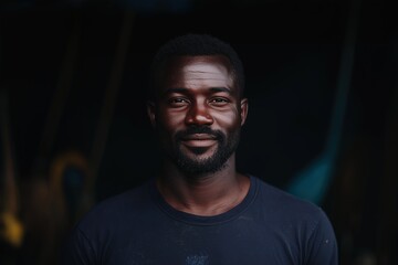Obraz premium Smiling young African man with a beard, standing in a workshop, relaxed and warm atmosphere
