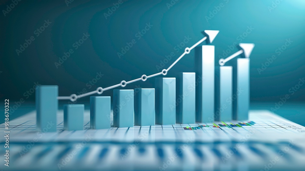 Poster a 3d bar chart with a line graph showing positive growth and progress.