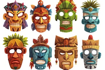 A collection of vibrant tiki masks arranged neatly on a clean white surface