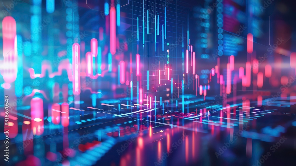 Poster an abstract digital background featuring a grid with colorful data points and lines.