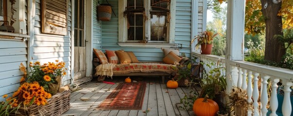 Cozy porch with autumn decorations