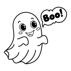 Charming black and white vector illustration of a Halloween ghost. Perfect for kids colouring books