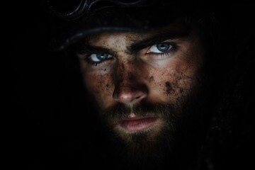 Fototapeta premium Young man with a dirty face and intense blue eyes, close-up portrait in a dark setting, strong gaze, rough conditions.