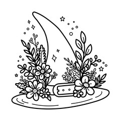 Charming vector illustration of a witch's hat decorated with a variety of flowers, perfect for colouring pages