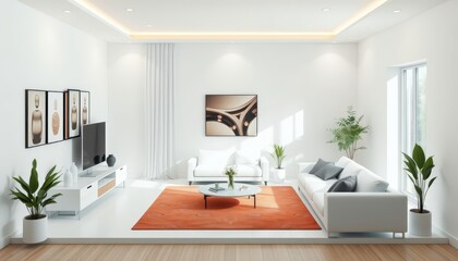 Modern Living Room Interior Design with White Furniture and Orange Rug.