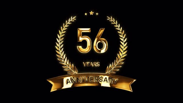 56th Anniversary Celebration. Happy 56 Years Anniversary Animation in Gold Color on the Transparent Background, Alpha Channel. Great for greetings, celebrations, events, and gifts.