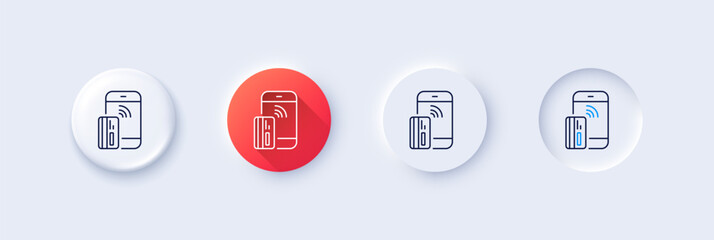 Contactless payment card line icon. Neumorphic, Red gradient, 3d pin buttons. Phone money sign. Mobile device symbol. Line icons. Neumorphic buttons with outline signs. Vector