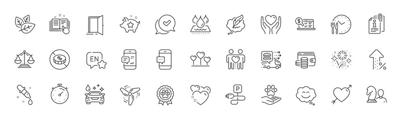 Food time, Waterproof and Love line icons. Pack of Organic tested, Chemistry pipette, Increasing percent icon. Fireworks, Timer, Charging parking pictogram. Heart, Pets care, Approved. Vector