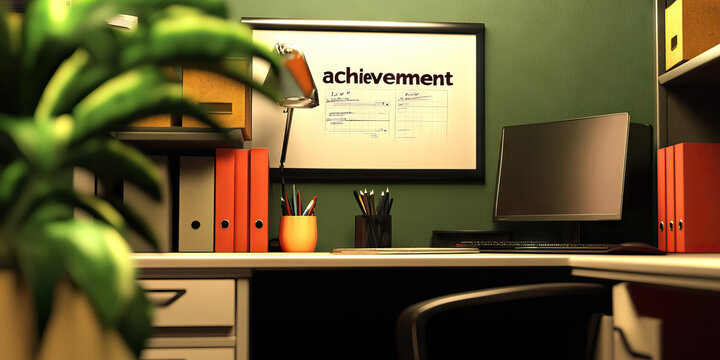 Goal-oriented Grind: An office cubicle with a motivational poster reading "achievement" and a to-do list tackled by its occupant.