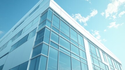 Modern Office Building with Glass Facade Against a Blue Sky
