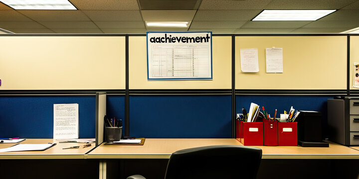 Goal-oriented Grind: An office cubicle with a motivational poster reading "achievement" and a to-do list tackled by its occupant.