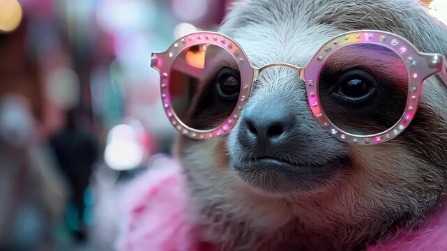 cute fashionista sloth wearing pink sparkling sunglasses with fir coat, funny animal portrait luxury and elegance