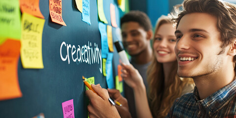 Obraz premium Dynamic Innovation: A team brainstorms around a colorful bulletin board with 
