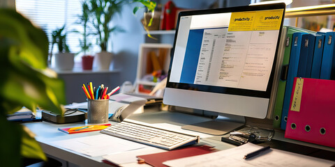 Efficient Solutions: A clean workstation with a computer showing "productivity" surrounded by organized files