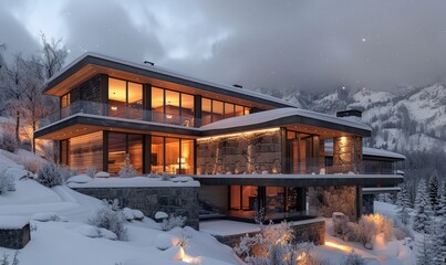 Contemporary mountain cabin with sleek design.