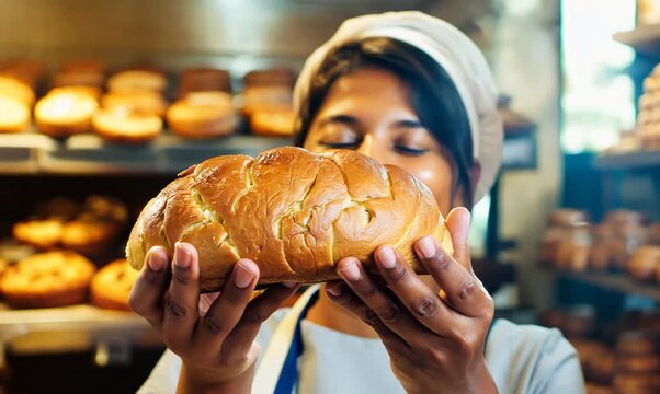 Medium shot portrait video of a happy baker showcasing fresh bread in a charming bakery