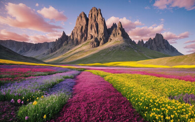 Obraz premium Photo of a field of colorful flowers with mountains in the background.